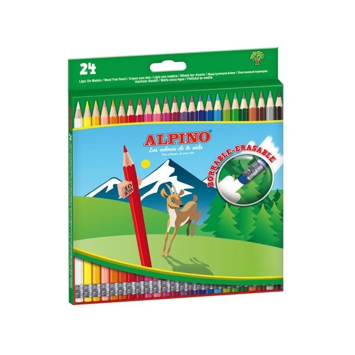 Alpino Pack con 24 Lapices de Colores Hexagonales Borrables - Mina de 3mm - Goma de Borrar del mismo Color - Resistente a la Rotura - Colores Surtidos