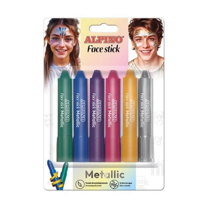 Alpino Fiesta Face Stick Metallic Pack con 6 Barritas de Pintura Facial - Sistema Retractil Giratorio - Se Lava con Agua - Testado Dermatologicamente - Colores Surtidos Metalicos
