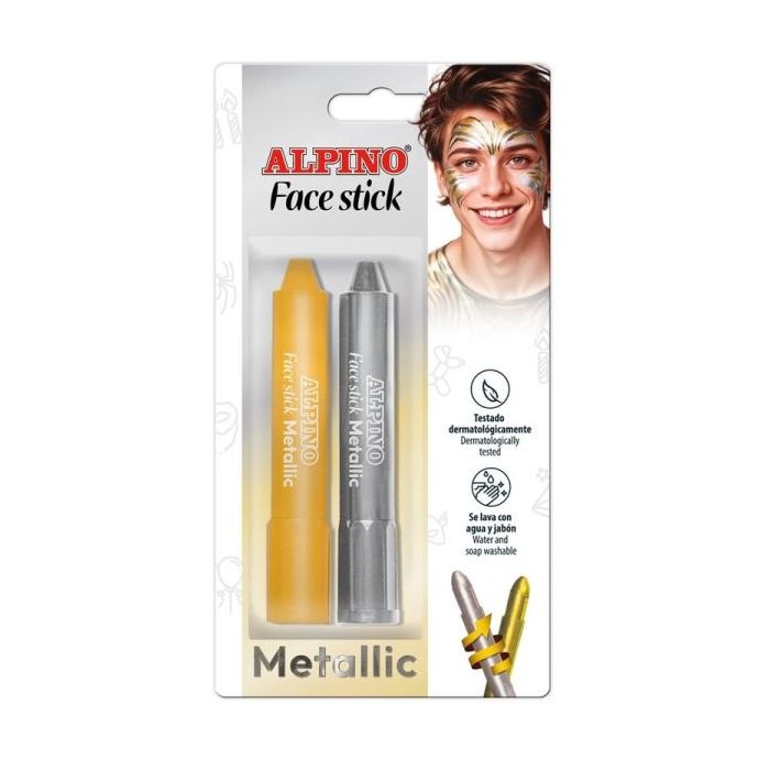 Alpino Fiesta Face Stick Pack con 2 Barritas de Pintura Facial - Sistema Retractil Giratorio - Se Lava con Agua - Testado Dermatologicamente - Color Plata y Oro