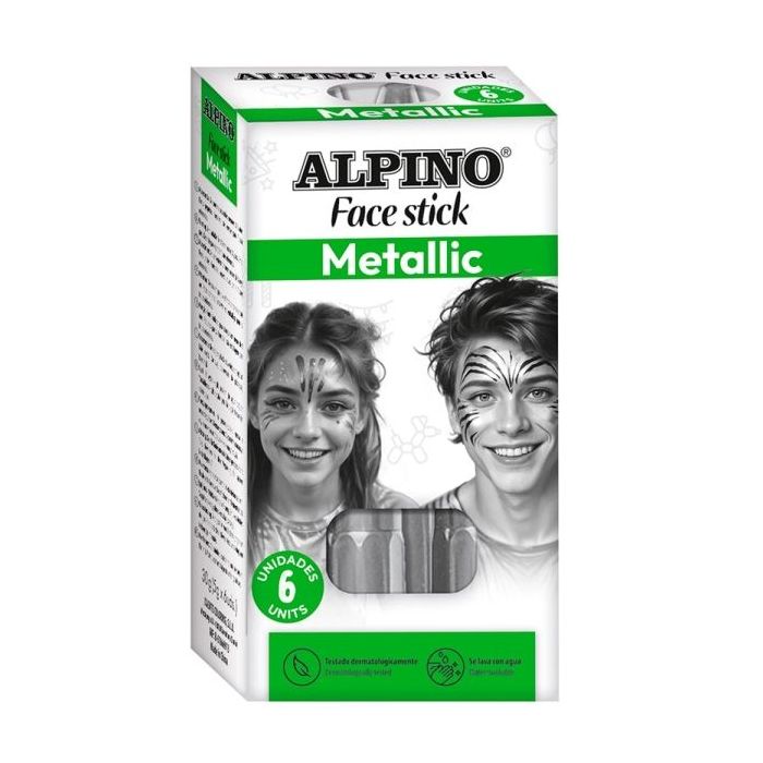 Alpino Fiesta Face Stick Pack con 6 Barritas de Pintura Facial - Sistema Retractil Giratorio - Se Lava con Agua - Testado Dermatologicamente - Color Plata