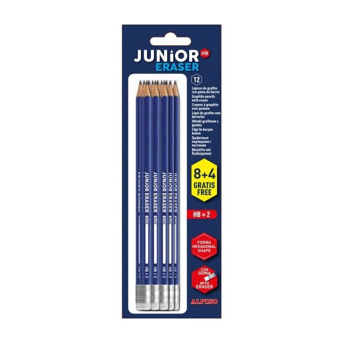 Alpino Junior Blister de 12 Lapices de Grafito HB con Goma - Espacio para el Nombre