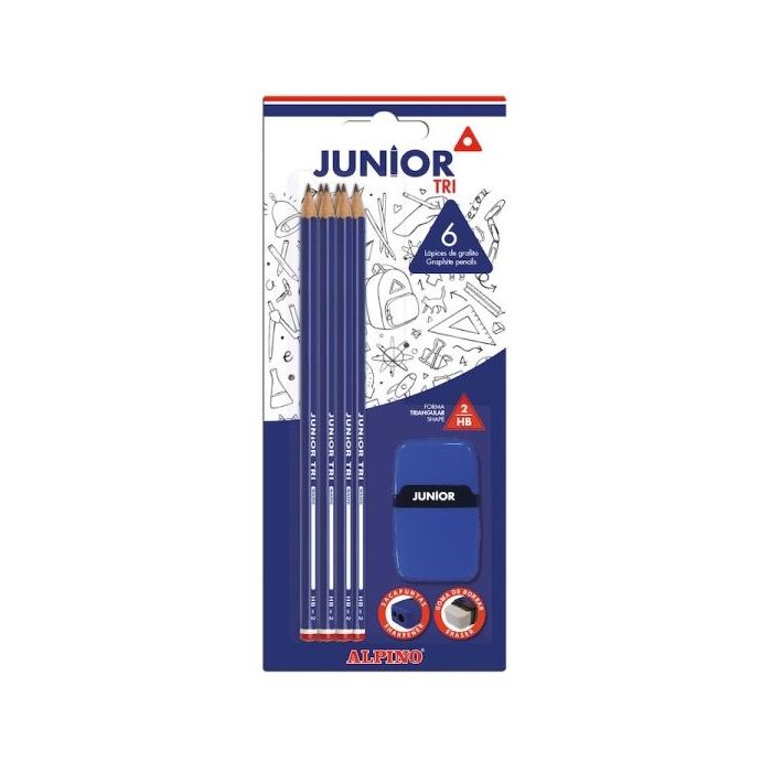 Alpino Junior Tri Blister de 6 Lapices de Grafito HB Triangulares + Sacapunta con Goma de Borrar - Espacio para el Nombre