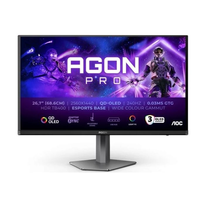 AOC AGON PRO AG276QZD2 Monitor 26.7" QD-OLED QHD 240Hz HDR400 - Respuesta 0.03ms - Altavoces 10W - Ajustable en Altura, Inclinacion y Rotacion - HDMI, DisplayPort, USB - VESA 100x100mm - Color Negro