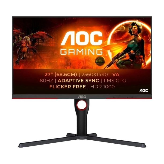 AOC G3 Monitor 27" Mini LED VA QHD HDR1000 180Hz - Respuesta 1ms - Ajustable en Altura, Giratorio e Inclinable - Angulo de Vision 178° - HDMI, DisplayPort, Audio - Montaje VESA 100x100