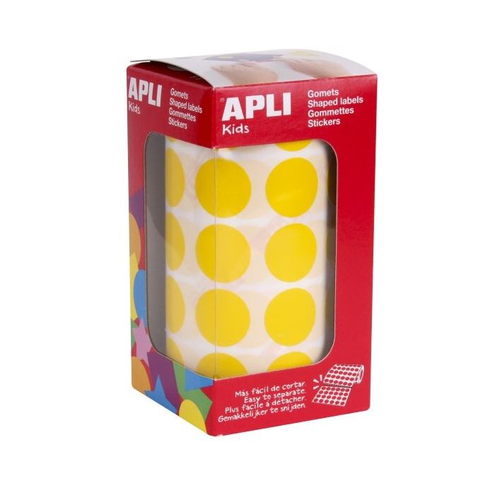 Apli Rollo de 1.770 Gomets Redondos Ø 20mm - Adhesivo Permanente con Base de Agua - Libre de Disolventes - Color Amarillo