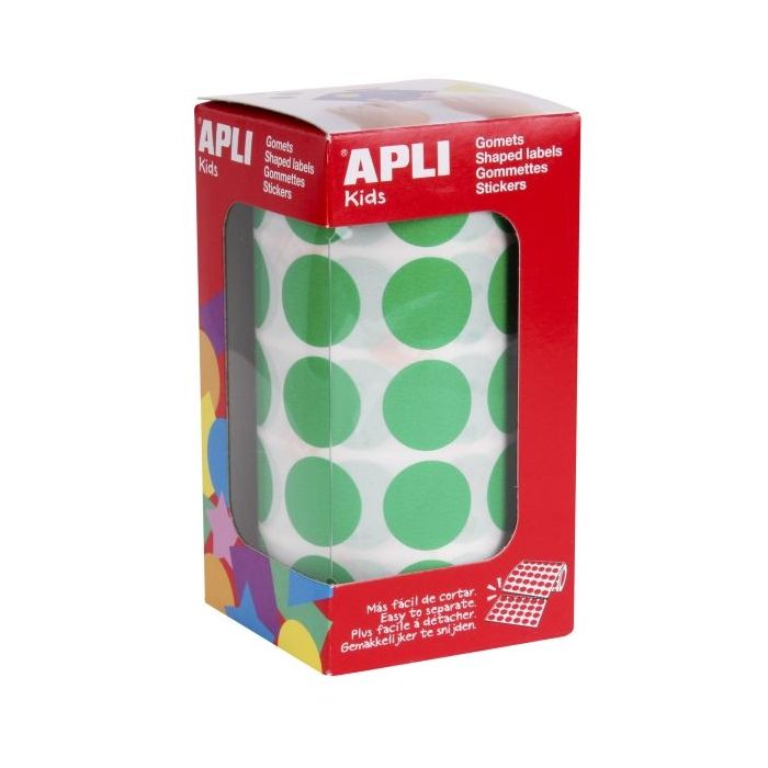 Apli Rollo de 1.770 Gomets Redondos Ø 20mm - Adhesivo Permanente con Base de Agua - Libre de Disolventes - Color Verde