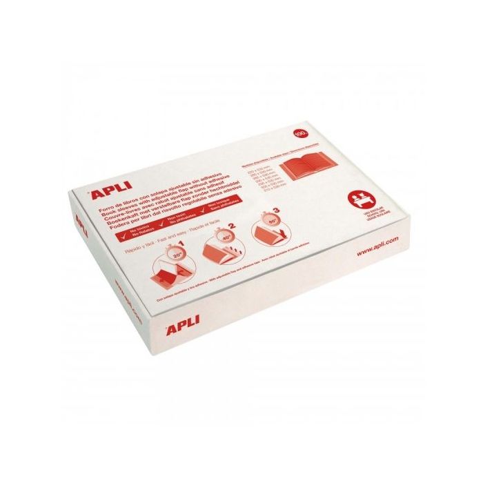 Apli Caja de 100 Forros para Libros 280mm PVC 130 micras - Solapa Autoajustable - Facil Forrado en 3 Pasos - Transparente