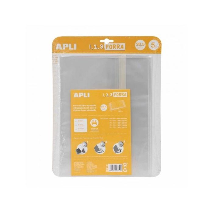 Apli Pack de 5 Forros para Libros 285mm de Polipropileno 75 micras - Solapa Autoajustable - Facil Forrado en 3 Pasos - Sin Necesidad de Cortar ni Usar Cinta Adhesiva - Transparente