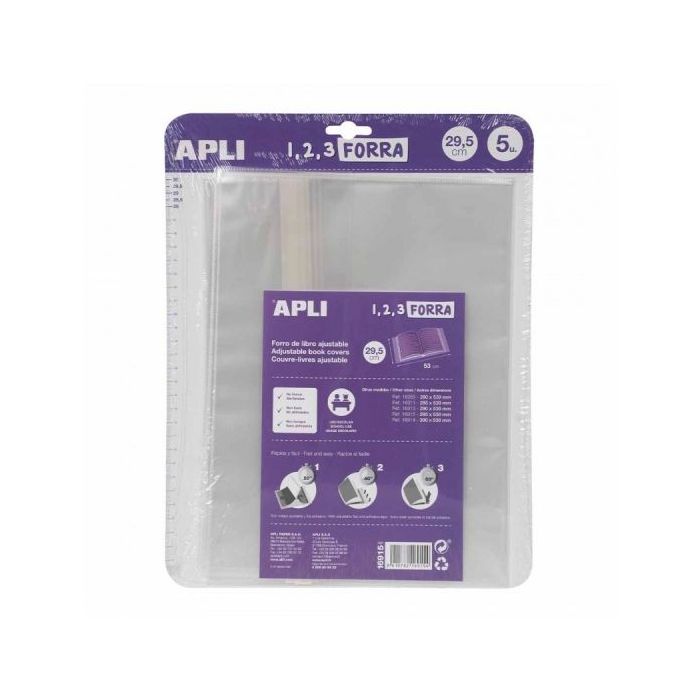 Apli Pack de 5 Forros para Libros 295mm de Polipropileno 75 micras - Solapa Autoajustable - Facil Forrado en 3 Pasos - Sin Necesidad de Cortar ni Usar Cinta Adhesiva - Transparente