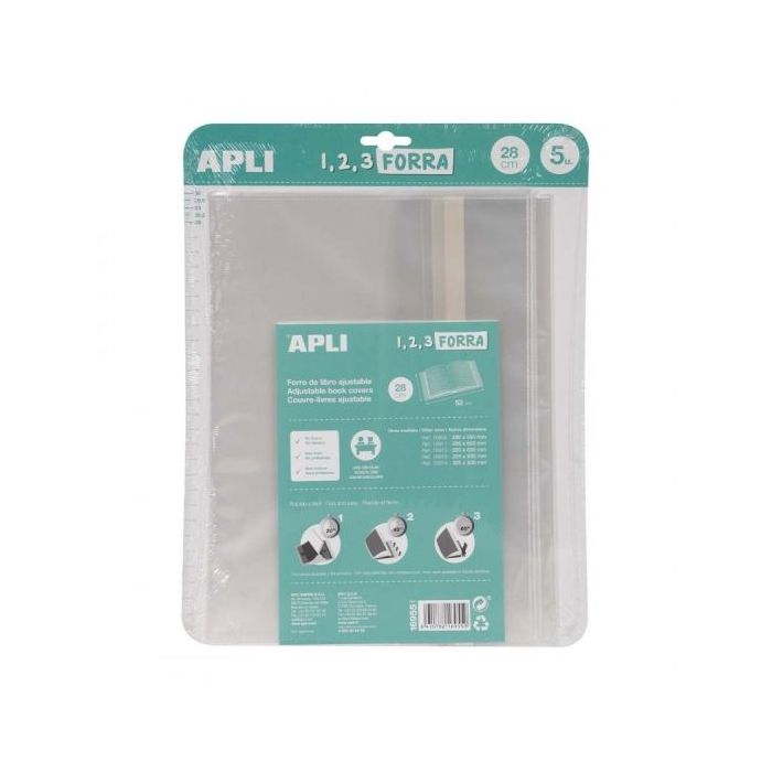 Apli Pack de 5 Forros para Libros 280mm de Polipropileno 75 micras - Solapa Autoajustable - Facil Forrado en 3 Pasos - Sin Necesidad de Cortar ni Usar Cinta Adhesiva - Transparente
