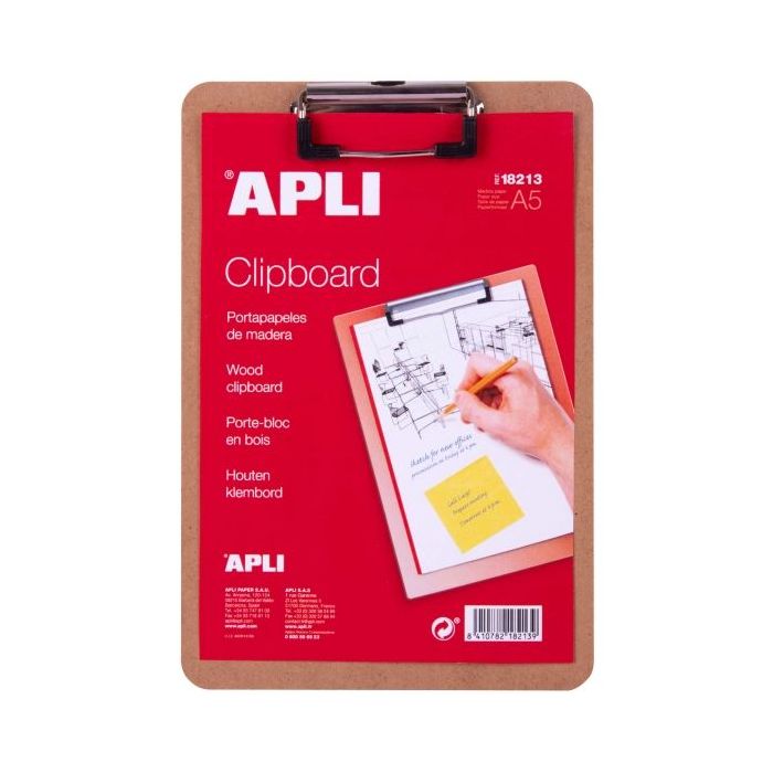 Apli Carpeta Portapapeles con Base de Madera y Pinza Metalica - Medidas 155x225mm - Formato A5