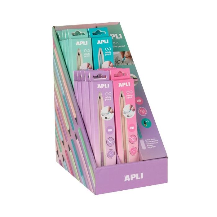 Apli Infinite Pencil Nordik Expositor con 20 Packs de Lapiz Infinito HB + Mina de Recambio + Tapon Protector - Para Escribir hasta 16km - Colores Surtidos