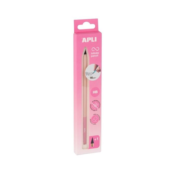 Apli Infinite Pencil Nordik Pack de Lapiz Infinito HB + Mina de Recambio + Tapon Protector - Para Escribir hasta 16km - Color Rosa