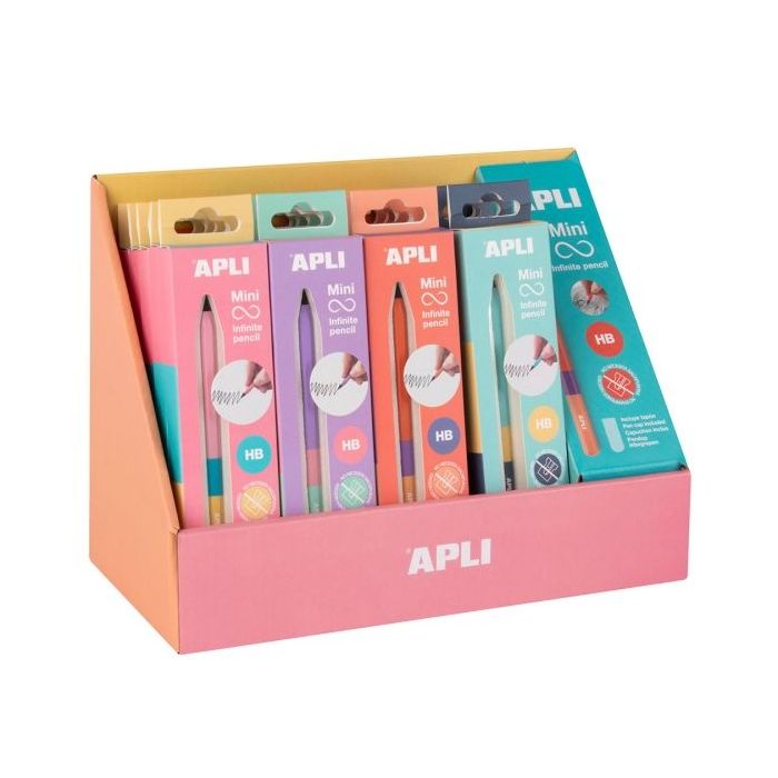 Apli Mini Infinite Pencil Expositor con 20 Packs de Mini Lapices Infinitos HB + Mina de Recambio + Tapon Protector - Para Escribir hasta 16km - Colores Surtidos Tricolor