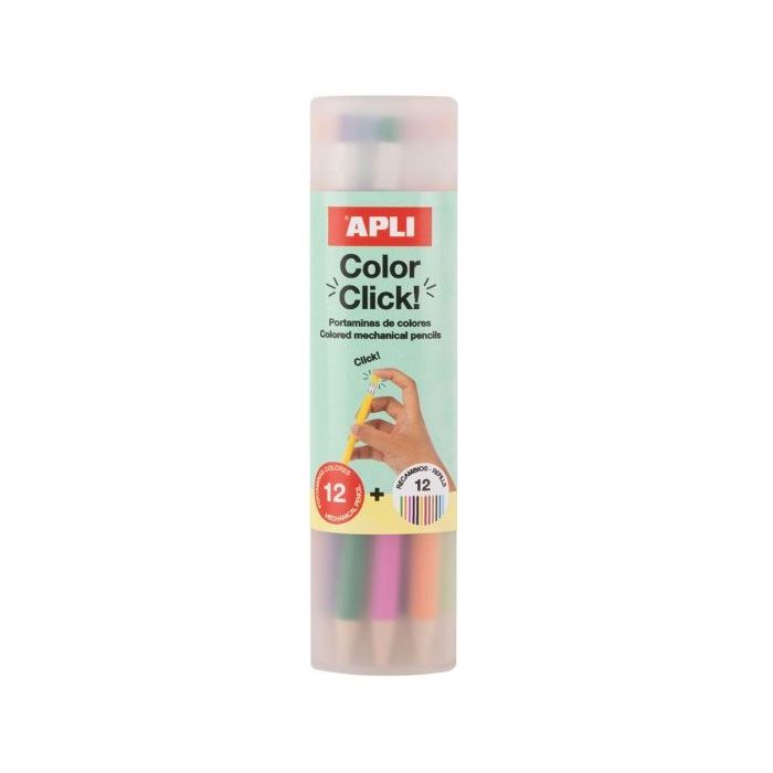 Apli Color Clik Pack de 12 Portaminas con Minas de Colores 2.6mm + 12 Recambios + 1 Sacapuntas - Forma Redonda - Colores Surtidos