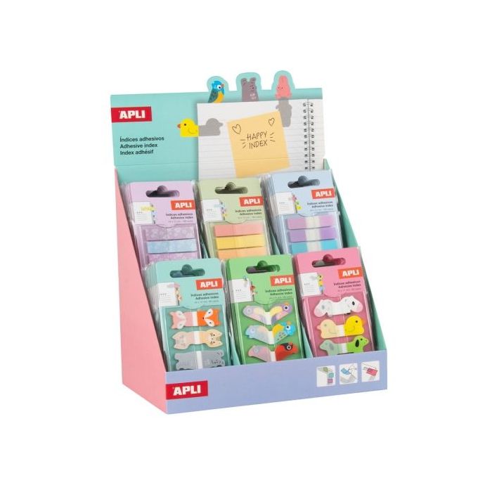 Apli Expositor con 48 Packs de 80 Indices Adhesivos de Papel 44x16mm - Faciles de Despegar - Organiza Tus Documentos