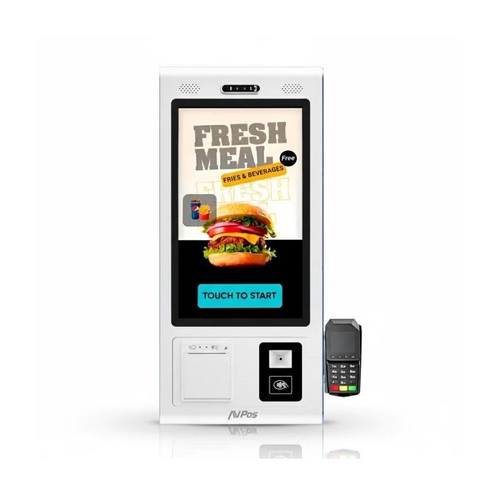 AVPos Kiosko Autoservicio Sobremesa DK22 - 22 Pulgadas Tactil - RK3568  - 8GB Memoria - SSD 128GB - Escaner 2D - Impresora Termica - WIFI - Android 13 - Color Blanco