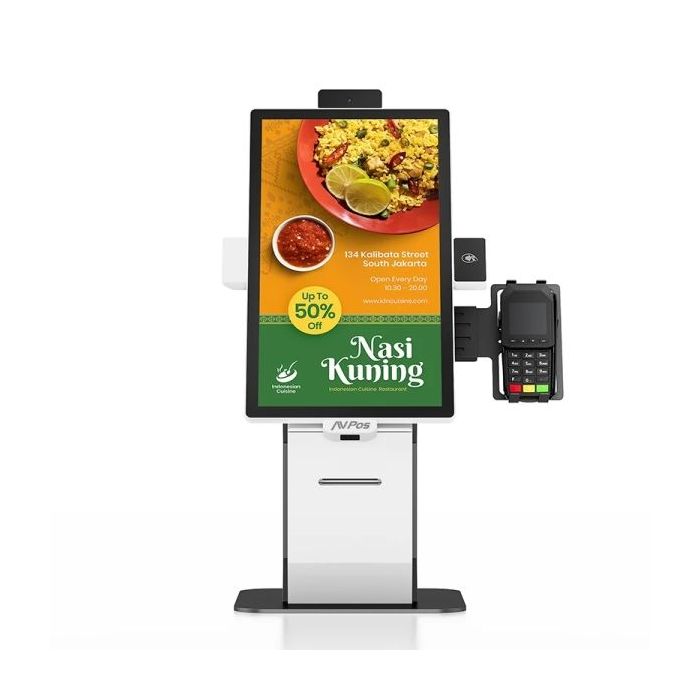 AVPos Kiosko Autoservicio Sobremesa DK22 - 22 Pulgadas Tactil - I3 10th - 8GB Memoria - SSD 256GB - Escaner 2D - Impresora Termica - WIFI - Color Blanco y Negro