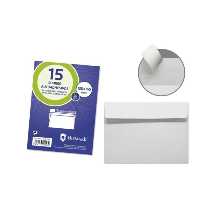 Bismark Pack de 15 Sobres Comercial Papel 90grs - Medidas 120x165mm - Cierre Autoadhesivo - Color Blanco
