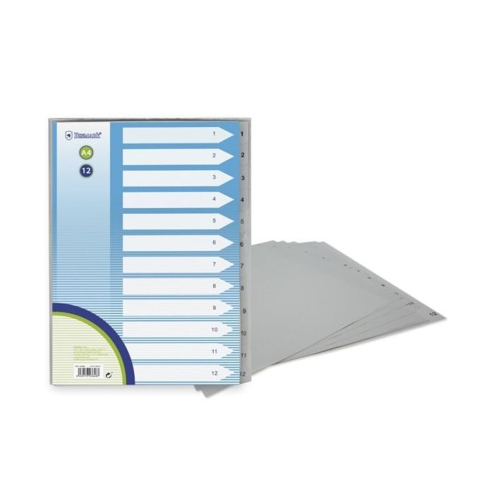 Bismark Indice Numerico con Pestañas del 1 al 12 - Multitaladro - Formato A4 - Fabricados en Polipropileno - Color Gris