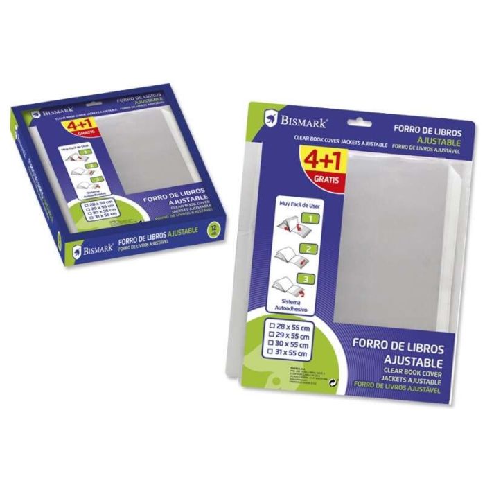 Bismark Pack de 5 Forros para Libros 290mm de Polipropileno - Solapa Ajustable - Facil Forrado en 3 Pasos - Sin Necesidad de Cortar ni Usar Cinta Adhesiva - Transparente