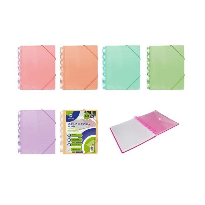 Bismark Carpeta Espiral 40 Fundas Transparentes - Polipropileno - Tamaño A4 - Espiral Plastica Indeformable - Apertura 360 Grados - Cierre con Gomas - Colores Pastel Surtidos