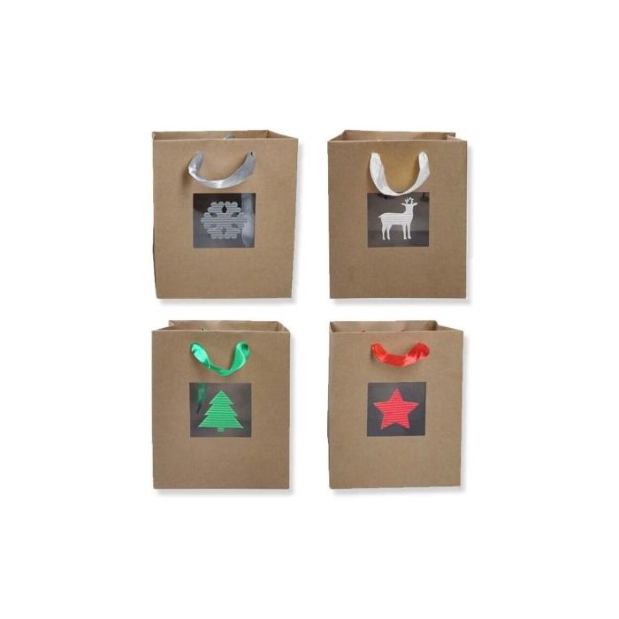 Bismark Bolsa de Papel Kraft Navidad Grande con Ventana - Medidas 23x33x10cm - 4 Diseños Diferentes