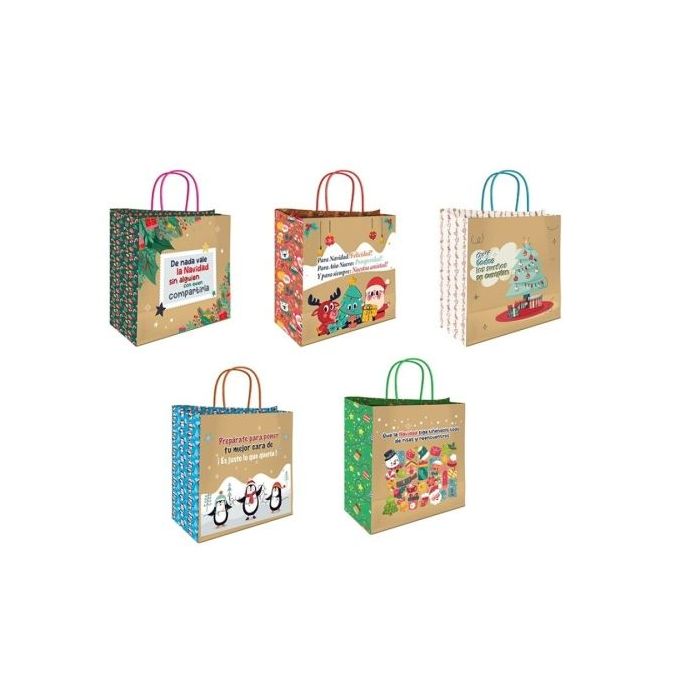 Bismark Bolsa de Papel Kraft con Mensajes Navideños - Medidas 26x8x24cm - 5 Diseños Diferentes