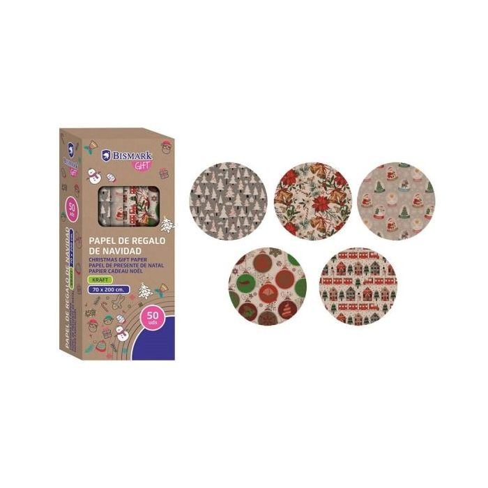 Bismark Kraft Navidad Rollo de Papel Kraft Regalo - Medidas 70cmx200cm - 5 Diseños Diferentes