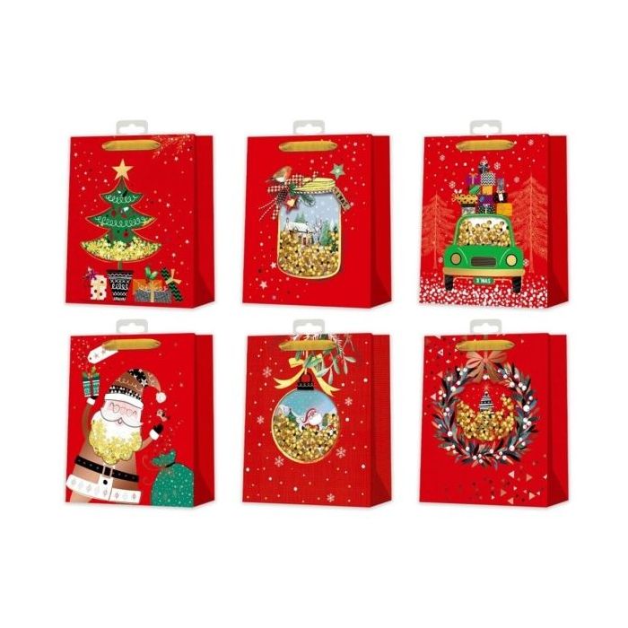 Bismark Bolsa de Papel Navidad Roja - Impresion Foil y Confetti - 6 Diseños Diferentes
