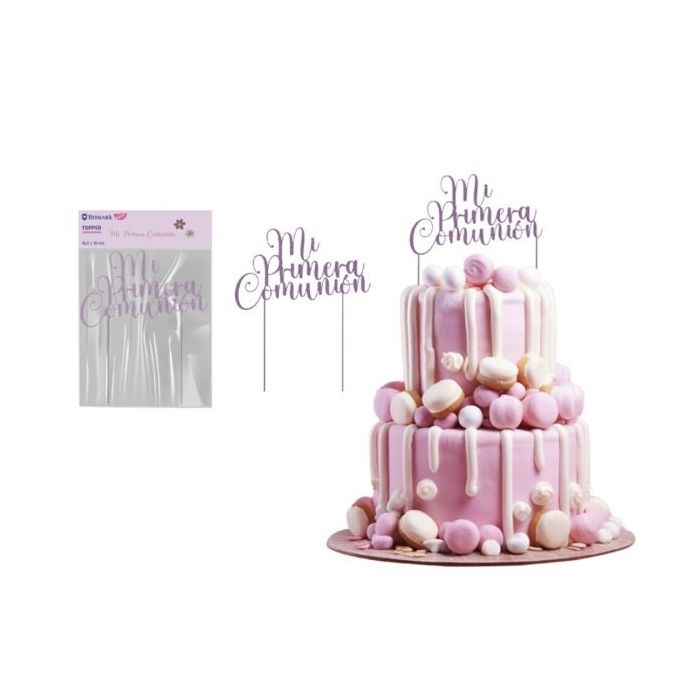 Bismark Topper Primera Comunion para Tarta - Material Acrilico Efecto Glitter - Color Lila