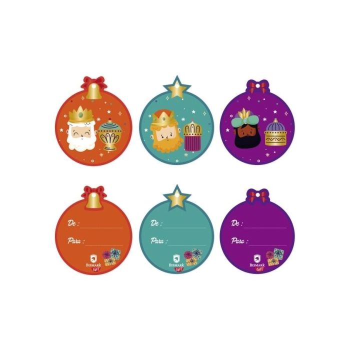 Bismark Pack de 18 Tarjetas Redondas de Felicitacion Navideña - Diseño Foil Reyes Magos - Se Pueden Colgar - Incluyen Cordon - 3 Diseños Diferentes