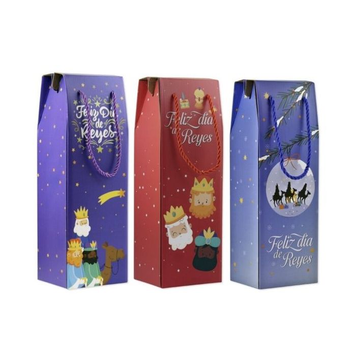 Bismark Caja/Bolsa de Carton con Asa para Botellas Reyes Magos - Medidas 13x36x10cm - 3 Diseños Diferentes Aleatorios