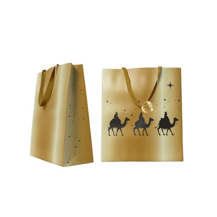 Bismark Bolsa de Papel Reyes Magos - Medidas 27x37x12cm - Tarjeta Colgante - Color Oro