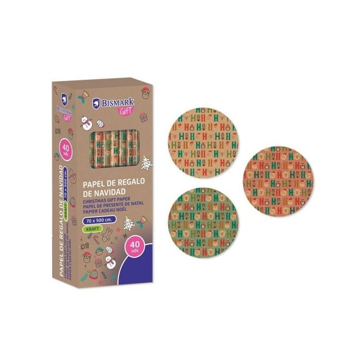 Bismark Kraft Hohoho Rollo de Papel Kraft Regalo - Medidas 70cmx500cm - 3 Diseños Diferentes