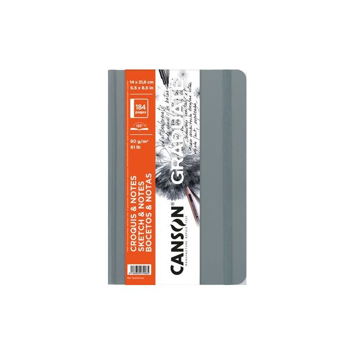 Canson Graduate Sketch Cuaderno con 92 Hojas - 14x21.6cm - 90g - Grano Fino - Tapa Dura - Color Gris Claro