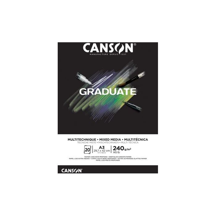 Canson Graduate Mix Media Bloc Encolado de 20 Hojas A3 - 240g - Grano Fino - Color Negro