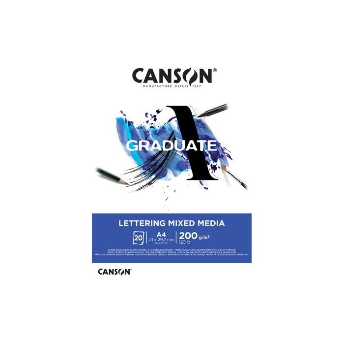 Canson Graduate Lettering Multitecnica Bloc Encolado de 20 Hojas A4 de 200g - Satinado - Color Blanco