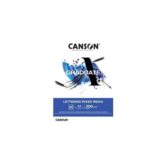 Canson Graduate Lettering Multitecnica Bloc Encolado de 20 Hojas A3 de 200g - Satinado - Color Blanco