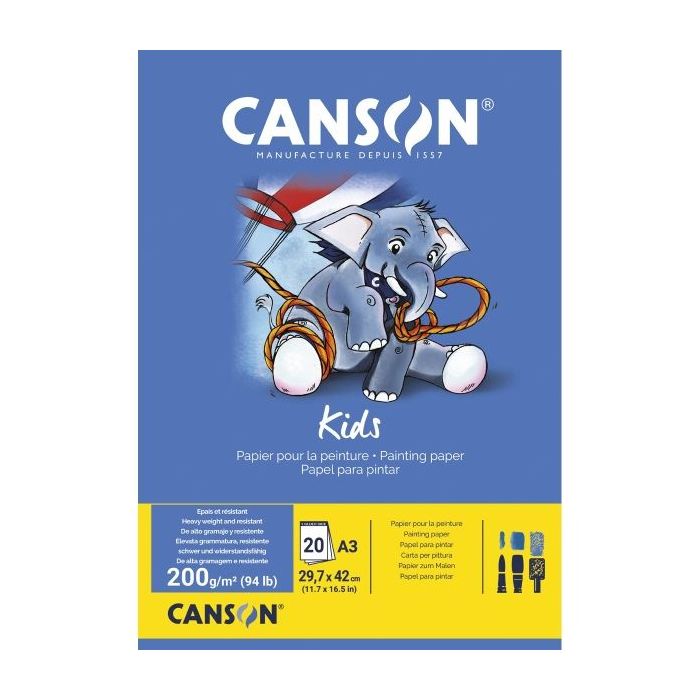 Canson Kids Bloc para Pintar A3 20 Hojas 200 g/m² - Grano Ligero - Certificado FSC - Color Blanco