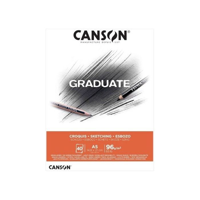 Canson Graduate Sketch Bloc Encolado de 40 Hojas A4 - 96g - Grano Fino - Color Blanco