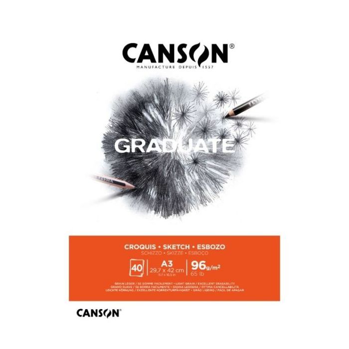 Canson Graduate Sketch Bloc Encolado de 40 Hojas A3 - 96g - Grano Fino - Color Blanco