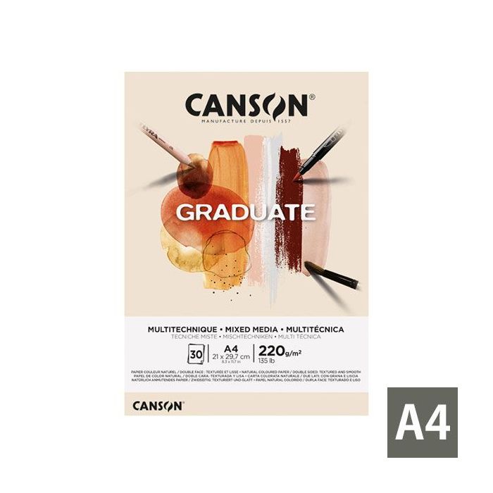 Canson Graduate Mix Media Bloc Encolado de 30 Hojas A4 - 220g - Grano Fino - Color Ocre