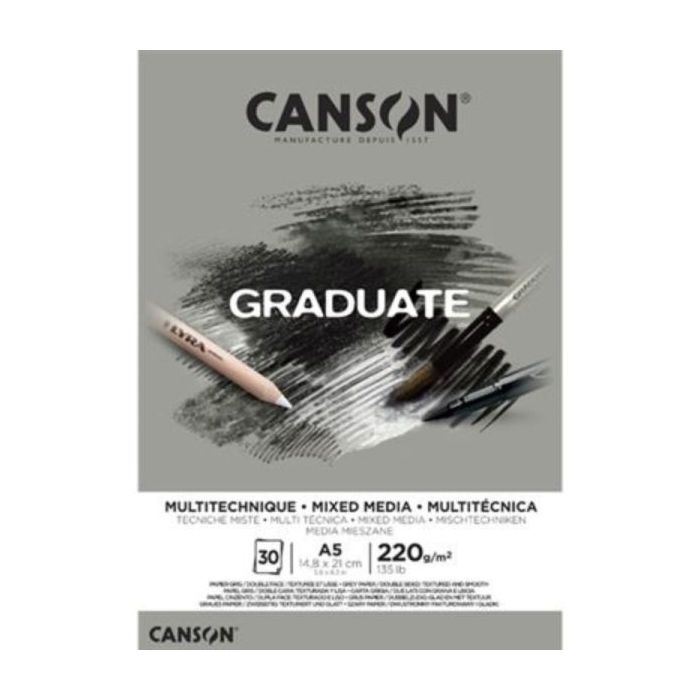 Canson Graduate Mix Media Bloc Encolado de 30 Hojas A5 - 220g - Grano Fino - Color Gris