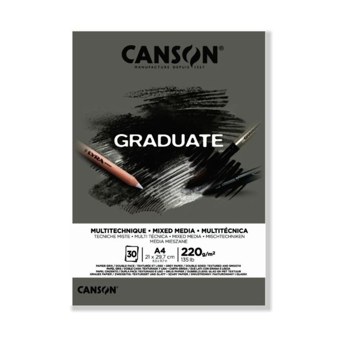 Canson Graduate Mix Media Bloc Encolado de 30 Hojas A4 - 220g - Grano Fino - Color Gris