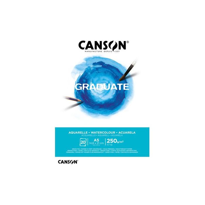 Canson Graduate Acuarela Bloc Encolado de 20 Hojas A5 - 250g - Grano Fino - Color Blanco