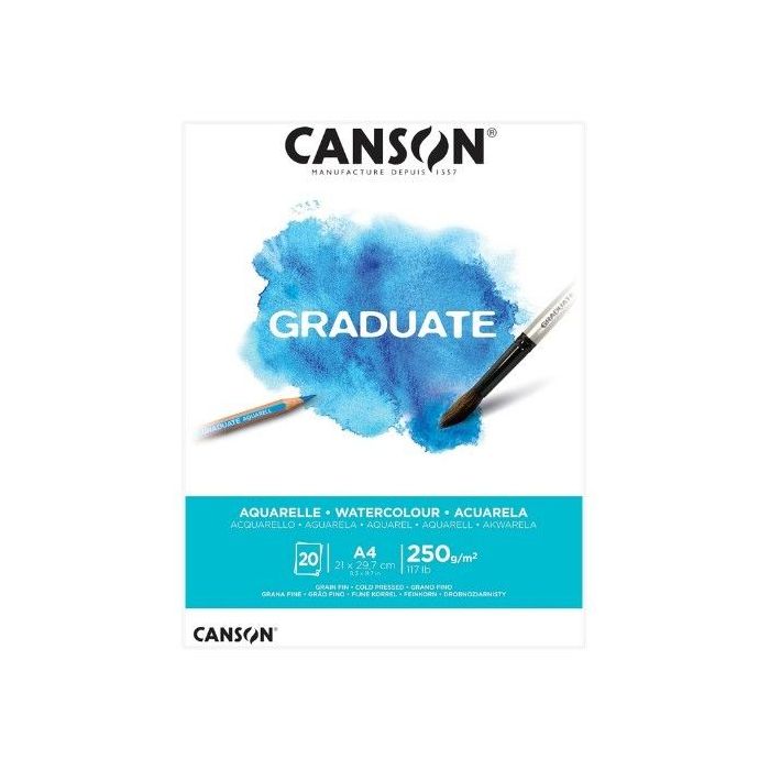 Canson Graduate Acuarela Bloc Encolado de 20 Hojas A4 - 250g - Grano Fino - Color Blanco