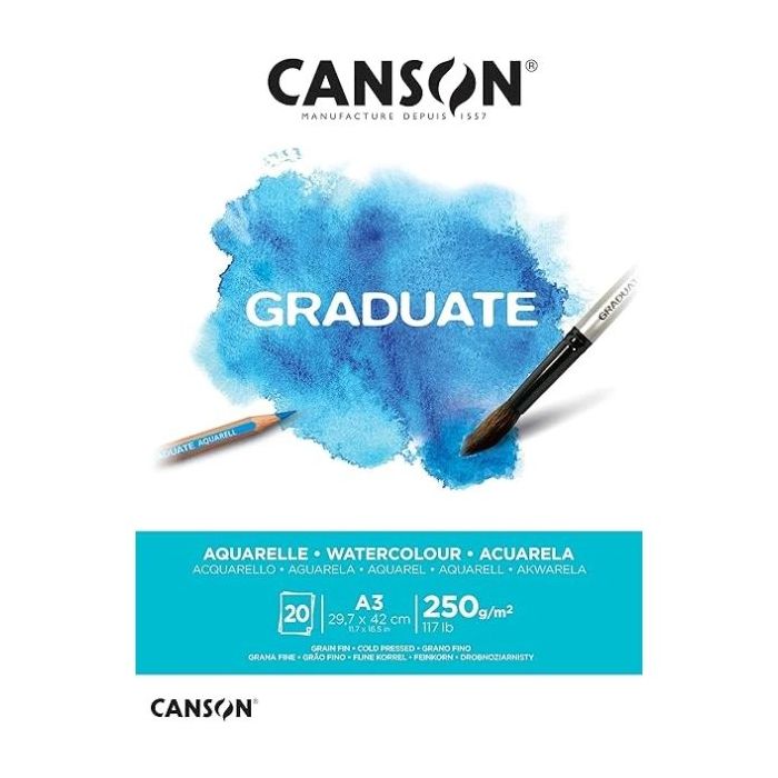 Canson Graduate Acuarela Bloc Encolado de 20 Hojas A3 - 250g - Grano Fino - Color Blanco