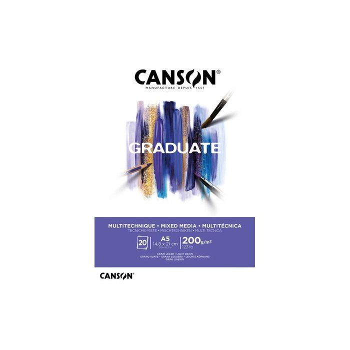 Canson Graduate Mix Media Bloc Encolado de 20 Hojas A5 de 200g - Grano Fino - Color Blanco