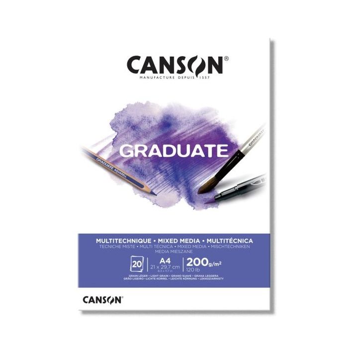 Canson Graduate Mix Media Bloc Encolado de 20 Hojas A4 de 200g - Grano Fino - Color Blanco